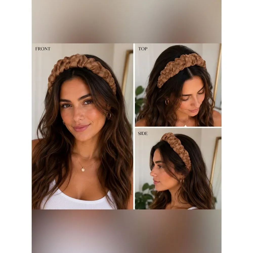 Brown Checkered Faux Leather Ruched Headband | Structured Handmade Accessory